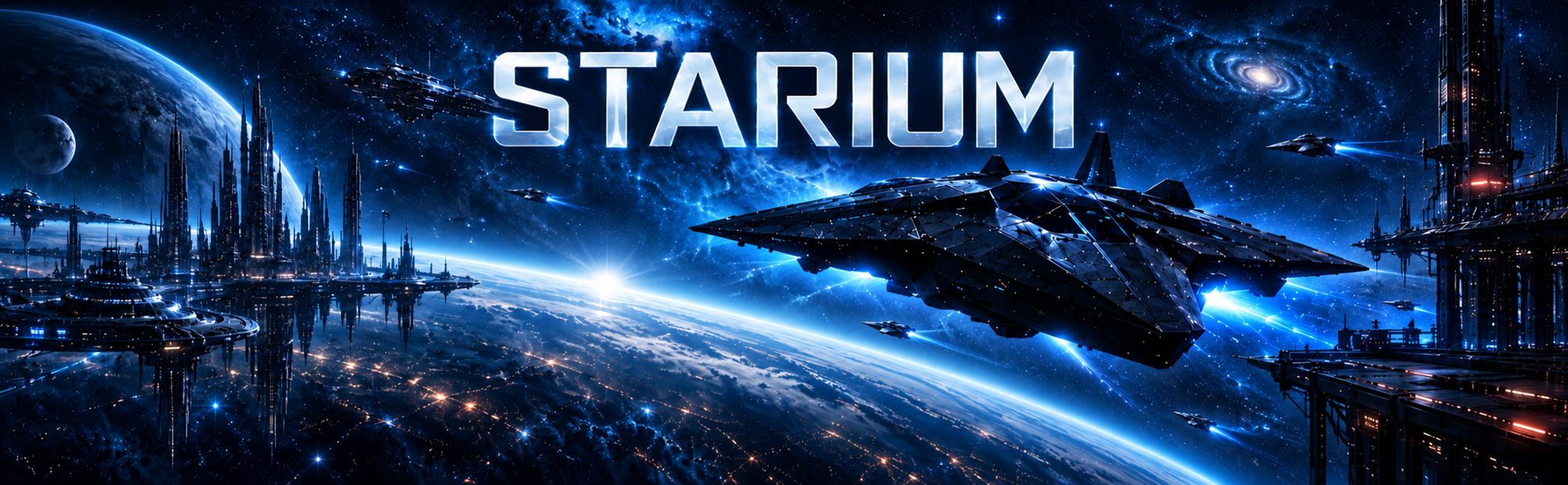 Starium — a colossal starship crosses the sky above a planet, with a city of towers rising in the distance